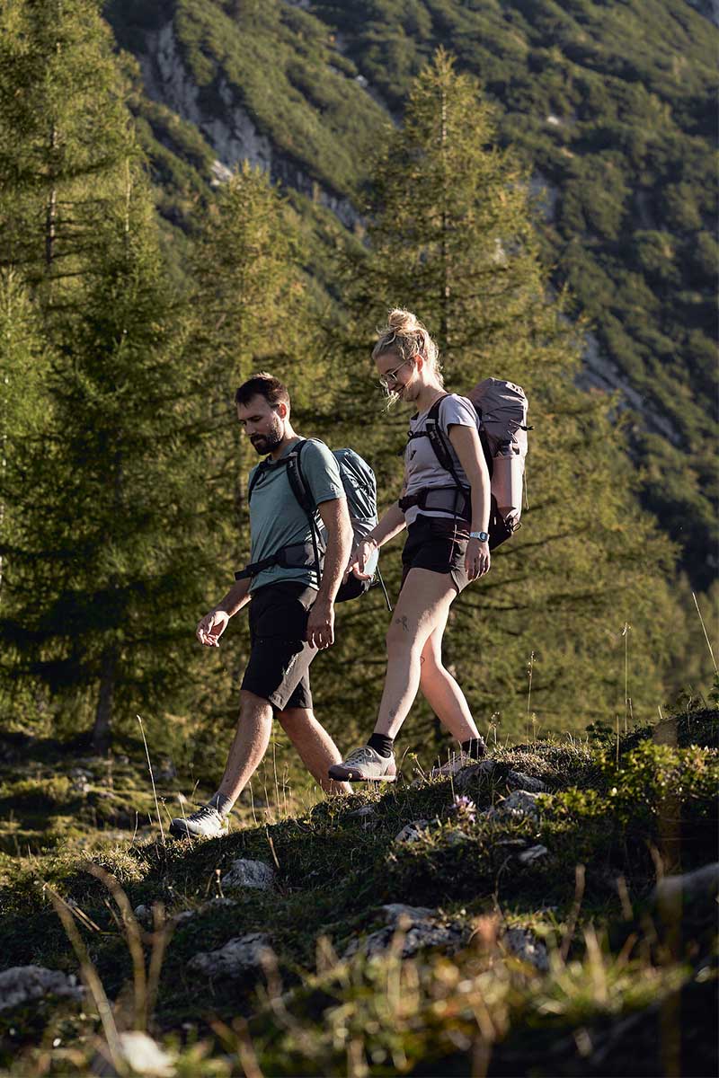 Zwei Wanderer laufen auf Wanderweg