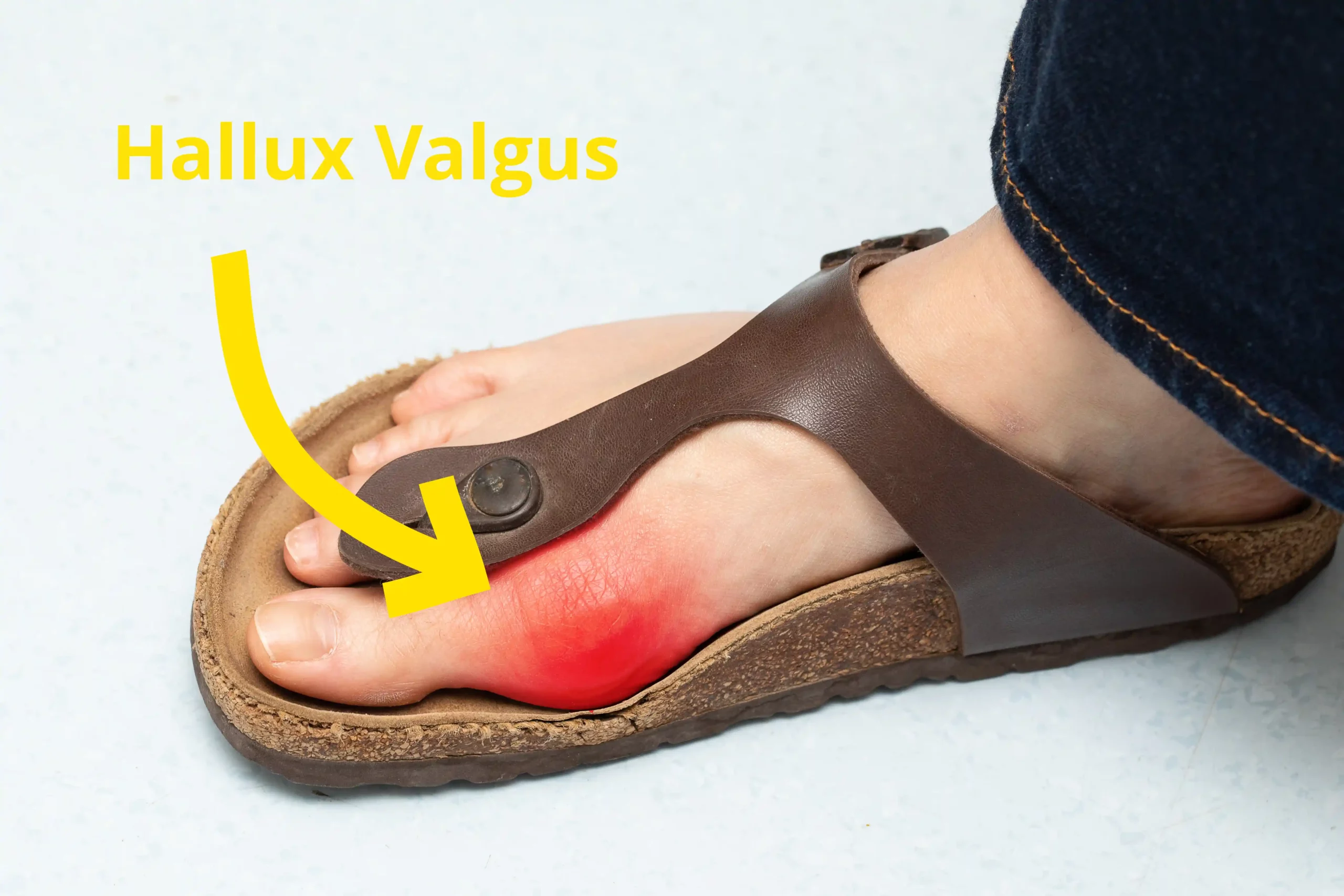 Hallux Valgus - Fuß in Zehentrennerschuh mit ausgetretenem Korfussbett durch den Hallux Valgus