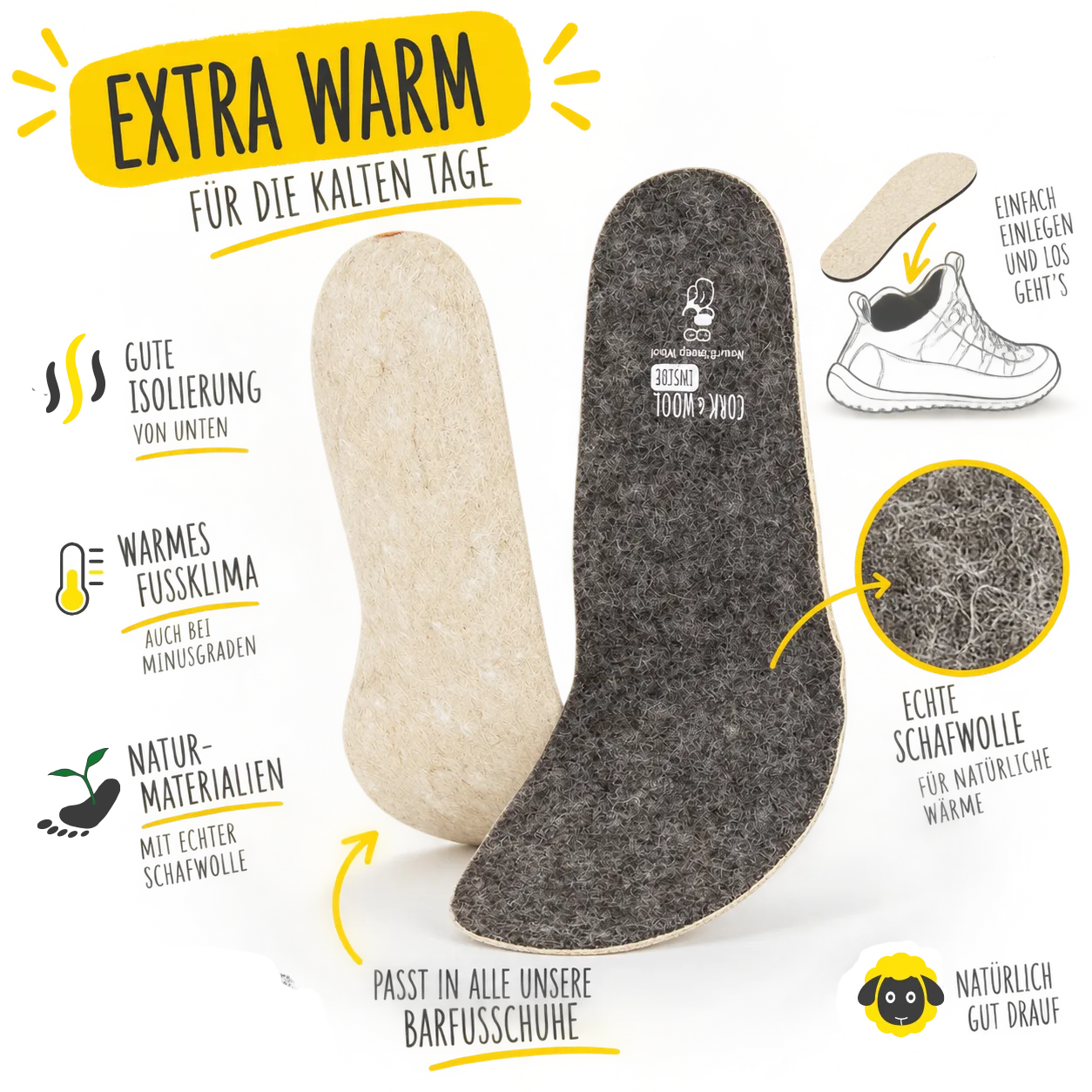 Extra warme Wolleinlage für Barfußschuhe aus deutscher Schafwolle